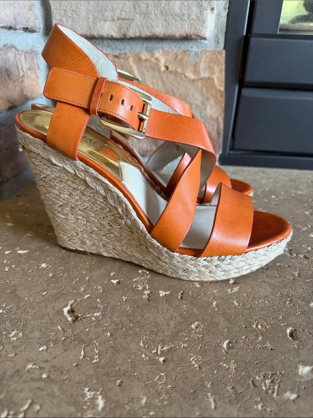 Michael Kors Orange Leather Espadrille Wedge Sandals with Gold Buckle